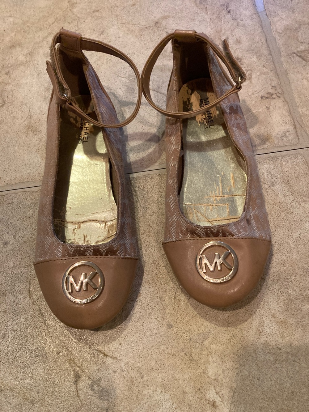Michael Kors Tan/Brown MK Logo Ankle-Strap Ballet Flats